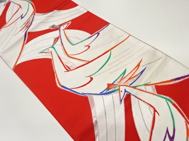 じゅらく製　抽象孔雀模様織出し袋帯